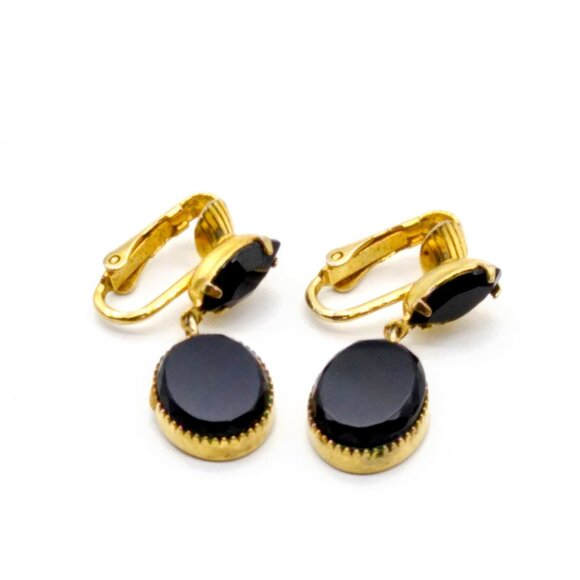 Chic Elegant Vintage Onyx Earrings, Marquise Drops to Circle Dangle in Gold Tone - Picture 4 of 5